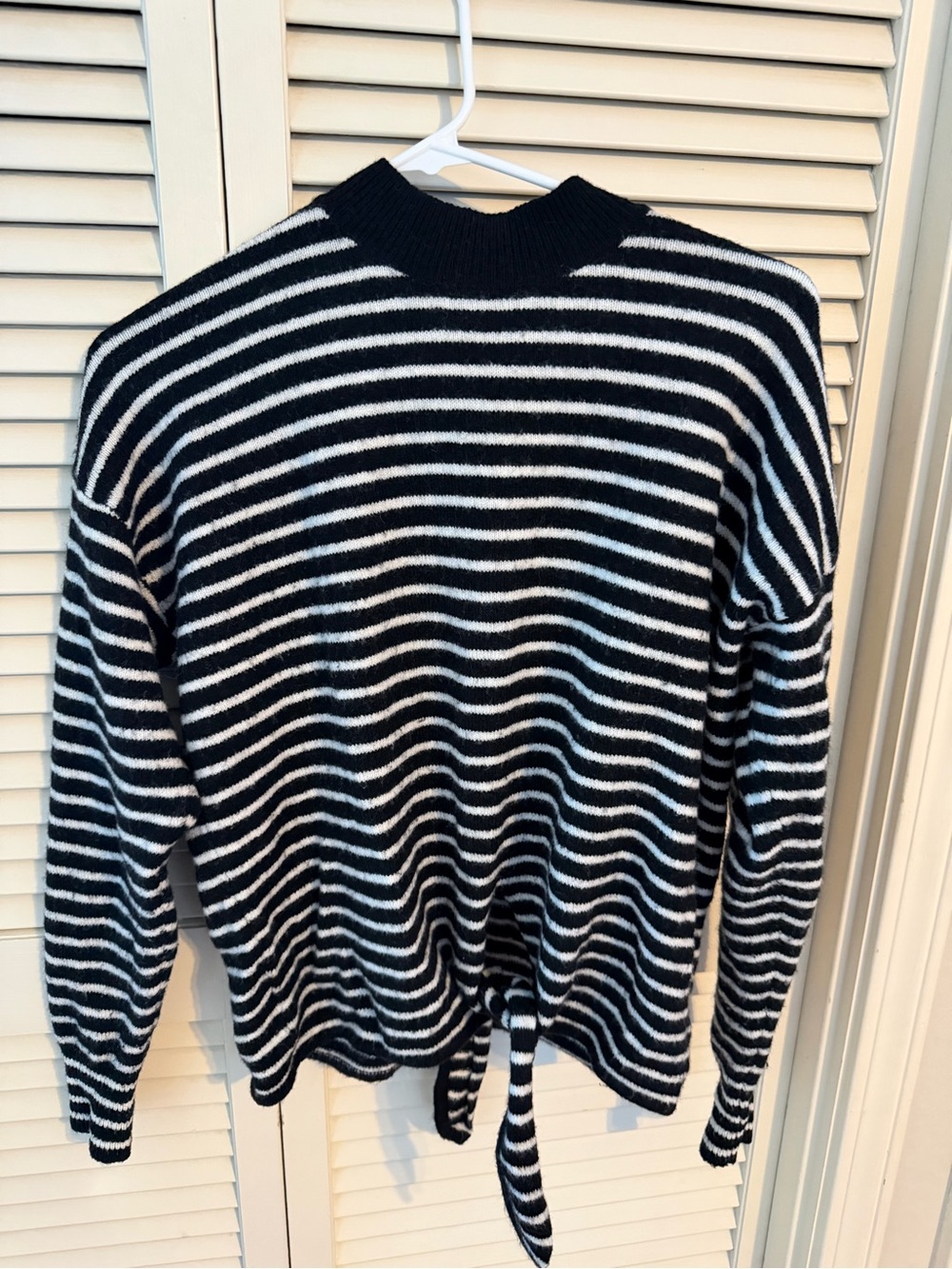 Women's Black & White Striped Crewneck Sweater with Front Tie